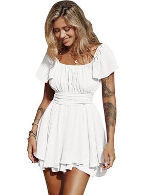 Women's White Summer Ruffle Short Sleeve Tie Back Square Neck A Line Jumpsuits